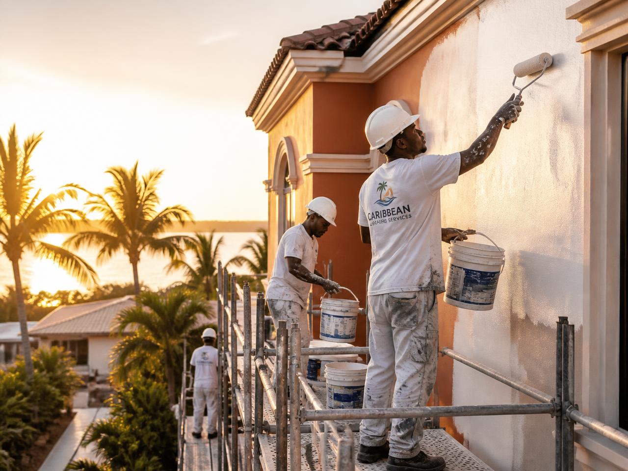 Ellis Construction & Coating crew applying protective exterior coating at sunrise in Montego Bay, Jamaica