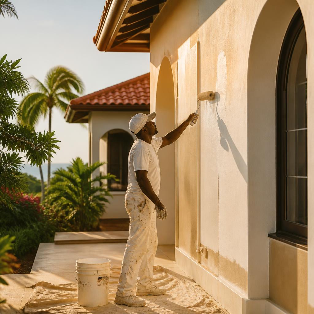 Painter applying protective coating to the exterior of a tropical home