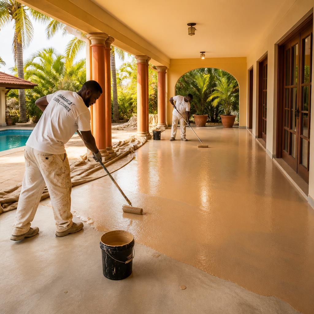 Workers applying protective floor coating to a patio
